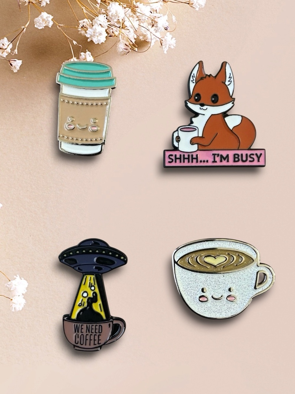 Fun Coffee Themed Enamel Pins Set of 4